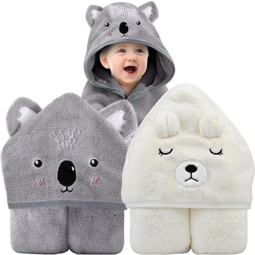 Hooded Baby Towel, Bath Towels Newborn, Bath Towel with Hood for Children, Baby Bath Towels Wrap, Hooded Bath Towels for Boy and Girl, Newborn (White Bear+Grey Elephant)