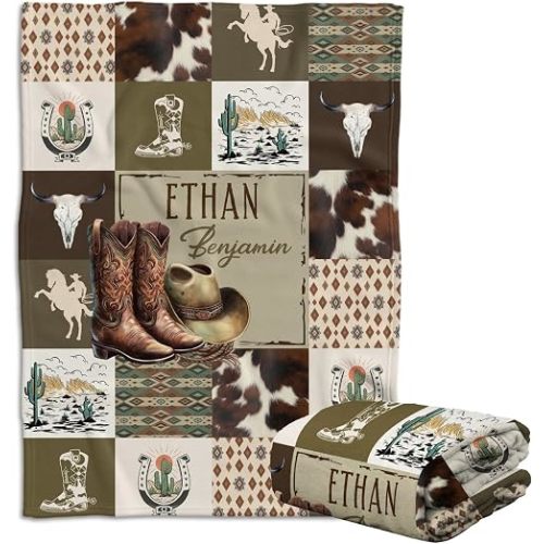Western Blanket Name, Western Decor for Nursery Room, Personalized Baby Blankets for Boys Girls, Cowboy Fleece Blankets, Western Baby Stuff, Soft Warm Lightweight Bed Blanket for Newborn Toddlers (02)