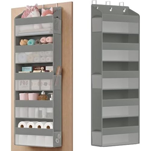 SONGMICS Over-the-Door Organizer, 5-Tier Door Hanging Storage Shelf, Heavy-Duty Closet Hanging Organizer Foldable, Transparent, Pockets, Metal Hooks, Dove Gray URDH010GD01