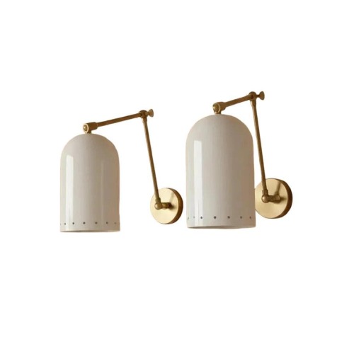 Handmade Pair White Italian Shade Adjustable Brass Swing Arm Wall Lamp Sconce Light
