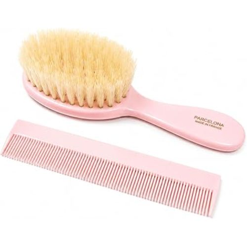 Parcelona French Grooming Combo Light Pink 6" Celluloid Soft Natural Silk Bristles Baby Brush and Comb for Girls and Toddlers Styling Girls Hair Accessories