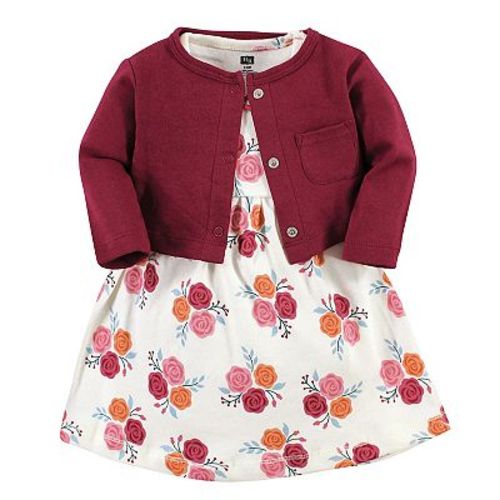 Hudson Baby Infant and Toddler Girl Cotton Dress and Cardigan Set, Autumn Rose