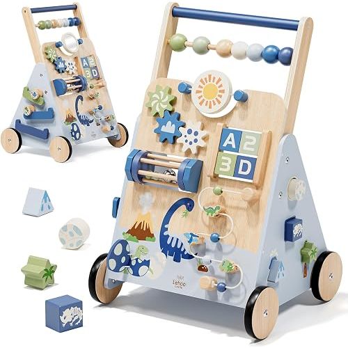 Lehoo Castle Dinosaur Wooden Baby Walker, Adjustable Speed Baby Push Walker