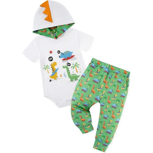 Newborn Boy Summer Outfits Animal Print Short Sleeve Romper with Hoodie & Pants Infant Clothing Set