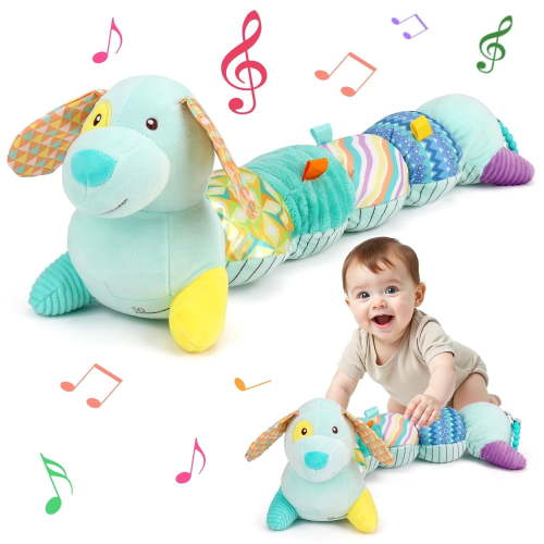 Baby Sensory Toys 0-6 Months Music Stuffed Animal Plush Dog Toy for Infant 0-3-6 Month Tummy Time Texture Soft Toys with Crinkle Rattle for 6-12 Month Newborn Birthday Gift for 2 3 4 5 Baby