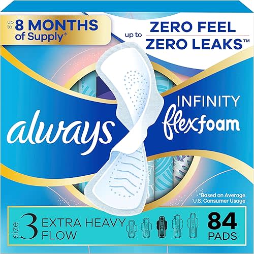 Always Infinity Feminine Pads for Women, Flexfoam Pads with Wings, Size 3, Extra Heavy Absorbency, Unscented, 84 Count (3 Packs of 28)