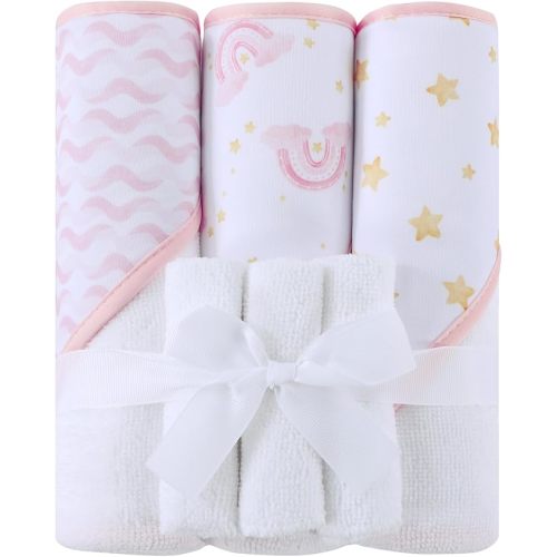 Viviland 6 Pcs Hooded Baby Towels and Washcloths Set, Super Gentle Bath Towels for Newborn Face & Body, Absorbent Wash Cloth for Infants Girls, Pink-Cherry Pattern, 28 x 28 inch
