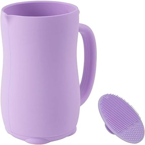 mandoo Baby Bath Rinse Cup - Food Grade Silicone - Shampoo & Body Washing Rinser Cup for Kids with Easy Grip Handle to Rinse Baby Shampoo and Soap - Baby Essentials（Purple+Brush