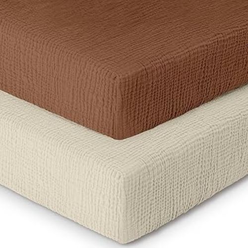 Dreamology Mini Crib Sheets Fitted,Mini Muslin Crib Sheet,2 Pack,100% Cotton Crib Sheets,Soft,Breathable,Baby Crib Sheets,Girls,Boys,Pack and Play Sheets Fitted,24x38 Mini Crib Sheet | Caramel,Ecru