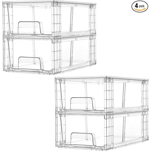 Vtopmart 4 Pack Stackable Storage Drawers,Clear Acrylic Drawer Organizers with Handles, Easily Assemble for Fridge, Bathroom,Kitchen Undersink,Cabinet,Pantry Organization and Storage