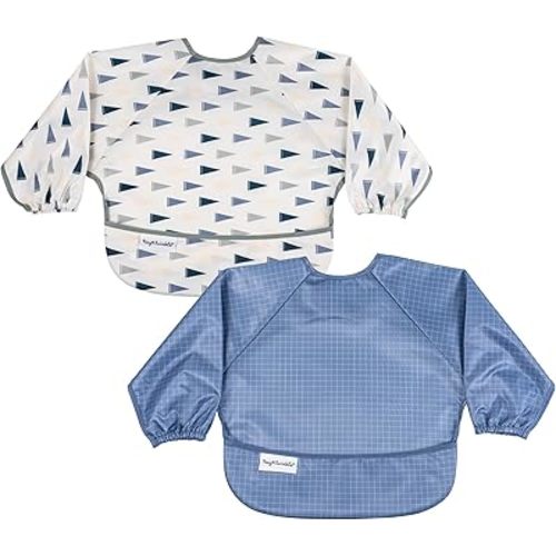 Tiny Twinkle Long Sleeve Bib for Babies&Toddlers|2-Pack Waterproof Smock Bib for Eating|Machine Washable&Mess-Proof Feeding Essentials|Newborn Shower Gift(Varsity Flags,Grid,6-24M)