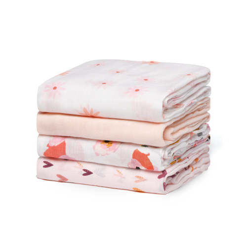 4 packs of Heart Flower Soft Muslin Swaddle Blankets for baby
