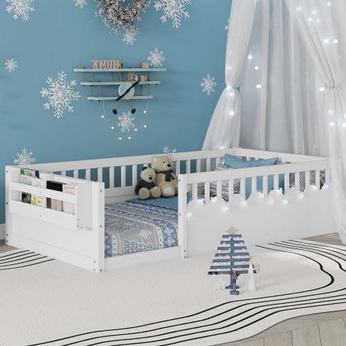 Montessori Floor Bed with High Rails, LED Lights & Storage Shelf, Safe & Wider Opening Gate Design, Twin Size Floor Bed for Boys & Girls, White