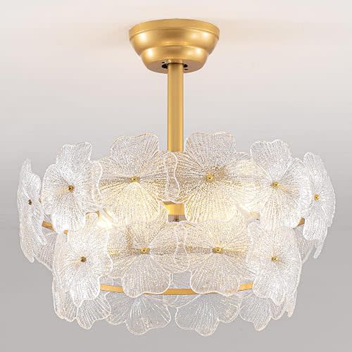 Gold Flower Crystal Ceiling Fan with Lights,20" Caged Fandelier with Remote Control,Glass Chandelier Fan with 6 Speeds Quiet Reversible Motor for Girl's Bedroom,Nursery,Kids Room