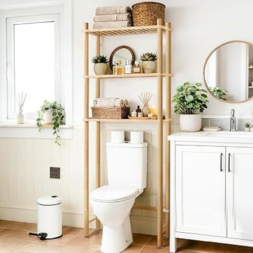 WANGMUXIA 3-Tier Bamboo Over the Toilet Storage Shelf, Bathroom Organizer Shelf with Wall Anchor, 50% Thicker Heavy-Duty Structural Design,Freestanding Space Saving Organizer for Bathroom
