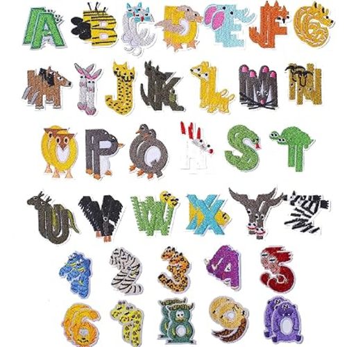 Harsgs 72PCS Iron on Animal Letters Numbers Patches, Embroidered Patches Letters A-Z Numbers 0-9 Animal Shape, Applique for Clothes, Dress, Hat, Jeans, DIY Accessories