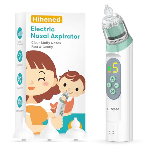 Electric Nasal Aspirator for Baby, Nose Aspirator for Toddlers, Waterproof Baby Nose Sucker, Nose Cleaner with 3 Silicone Tips, Adjustable Suction Level, Music and Light Soothing Function,Green