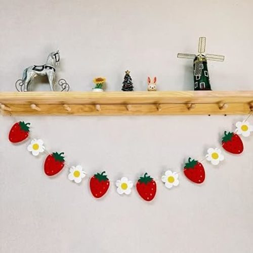 TENNYCHAOR Strawberry and Daisy Felt Garland Banner for Berry Birthday, Baby Shower, Wedding Party Decorations,Tropical Fruit Theme Baby Shower Party Supplies,Photo Props.