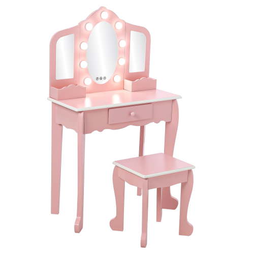 TROPOW Kids Vanity with 3 Mirrors and Stool, Girls Vanity with Wood Makeup PlaySets, Princess Vanity Table for Toddlers,Pink