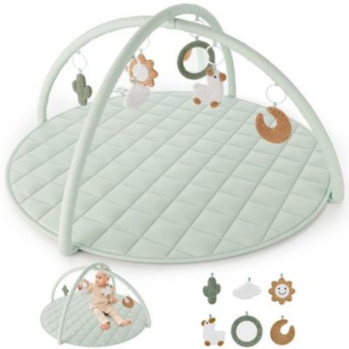 Baby Play Gym & Tummy Time Mat - Soft Cotton Mat with 6 Toys for Boys/Girls - Stylish Activity Playmat for Infant Development & Playroom Decor