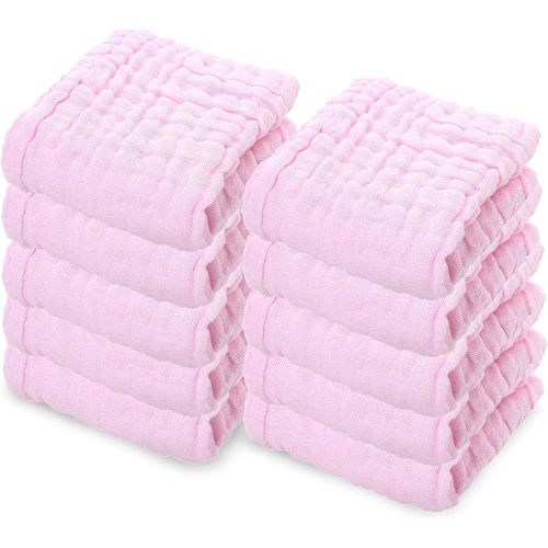 10 Pack Soft Muslin Unisex Baby Washcloths for Daily Use, 100% Cotton Set for Delicate Skin. Soft and Super Absorbent, Newborn Baby Essentials and Baby Registry,12x12 Inches (Pink)
