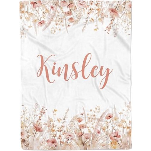Floral Personalized Baby Girl Blanket, Boho Wildflowers, Custom Name Gift, (30 x 40 Baby)