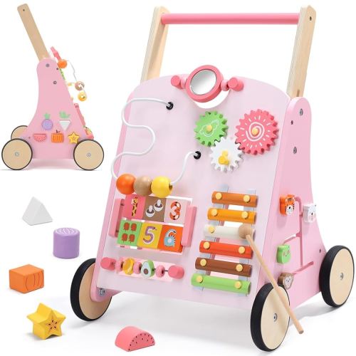 CUTE STONE Wooden Baby Walker, Montessori-Style Push Walker with Activity Center, Adjustable Height, Push Toys for Toddler Development, First Birthday Gift for Kids Pink