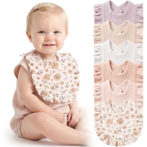 Konssy 6-Pack Muslin Baby Girl Bibs, Absorbent Drool Bibs with Ruffle Trim