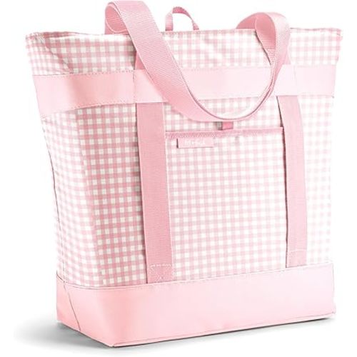 Fit & Fresh Insulated Grocery Tote Bag – Large Reusable Thermal Cooler Bag for Shopping, Food Delivery & Catering – Premium Leak Resistant Food Carrier, Foldable Soft Cooler, Pink Gingham
