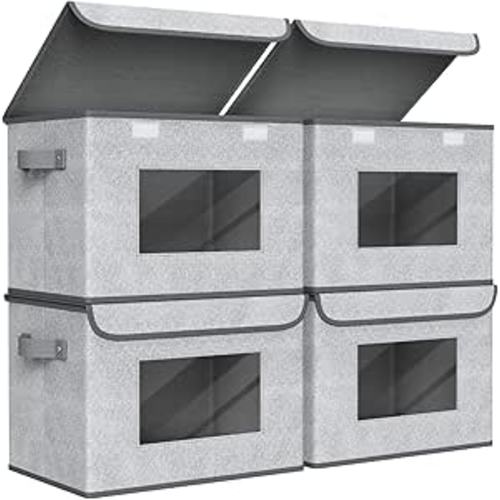 Univivi Fabric Foldable Storage Boxes [4-Pack] Large Collapsible Stackable Storage Bins with Lids, Closet Organizers and Storage Cube Basket for Home, Office, Bedroom (Gray, 17“ x 12” x 12")