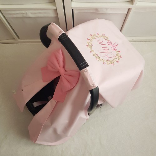 Light Baby Pink Carseat Cover Baby Girl with Sugar Pink Bow and Name Embroidery , Personalized Baby Car Seat Canopy Girl , Baby Girl Gift