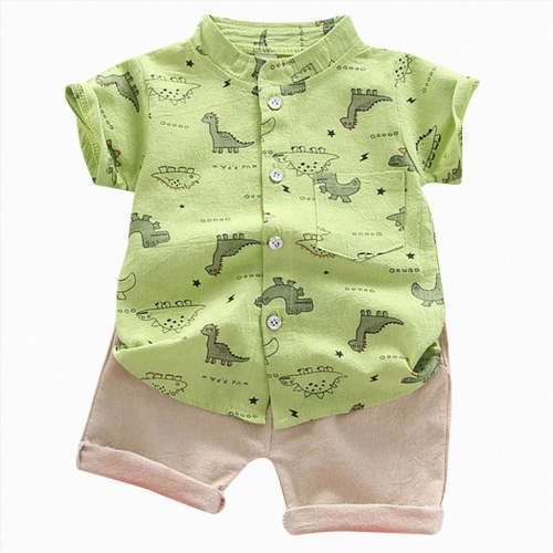 KPOPLK 2Pcs Toddler Baby Boy Clothes Summer Button Up Clothing Cotton Short Sleeve T-Shirt Shorts Set Boy Clothes Outfits Set(12-18 Months,Green)