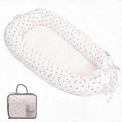 EAQ Baby Lounger for Newborn, Reversible Infant Lounger with Breathable Mesh & 100% Cotton Cover, Portable Baby Lounger Pillow, Soft Cozy Baby Nest for Lounging & Travel(White-Grey)
