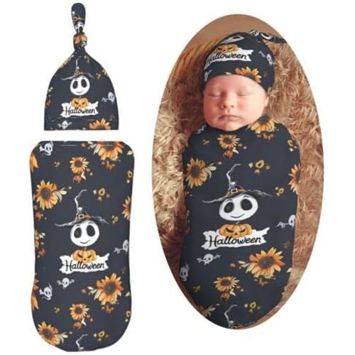 Halloween Pattern in Black Skulls Newborn Swaddle Blanket with Beanie Set Soft Baby Sleep Sack Stretch Adjustable Swaddle Wraps Receiving Blankets