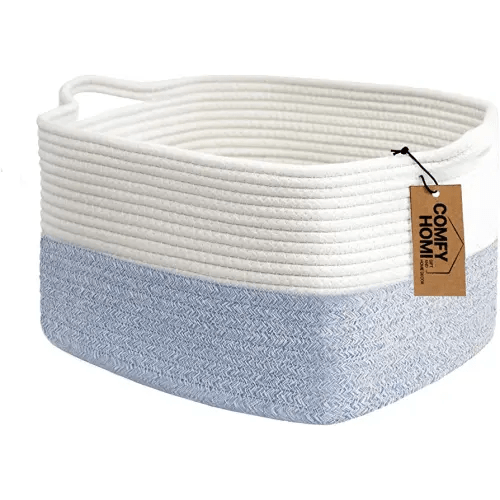 COMFY-HOMI Cotton Rope Woven Basket with Handles for shelf,Toy, Book, Cloth Storage Basket for Organizing-13.5"X11"X9.5" Storage Bin for Living Room, Newborn or Infant Gift for boy girl (White/blue)