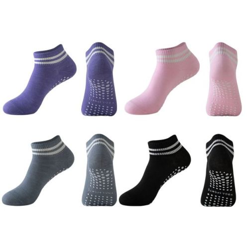 Anna-Kaci 4 Pairs Women's Ankle Grip Yoga Socks Soft Cotton Non-Slip Bottom Striped Cuff - 4 pairs-A