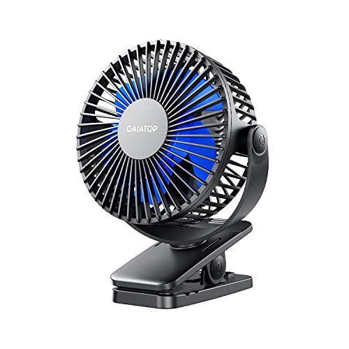 Gaiatop Portable Clip on Fan Battery Operated, Small Powerful 3 Speed Quiet 360° Rotate, USB Rechargeable Mini Personal Cooling Fan for Desk Table Home Office Stroller Camping Women Gifts Black Blue