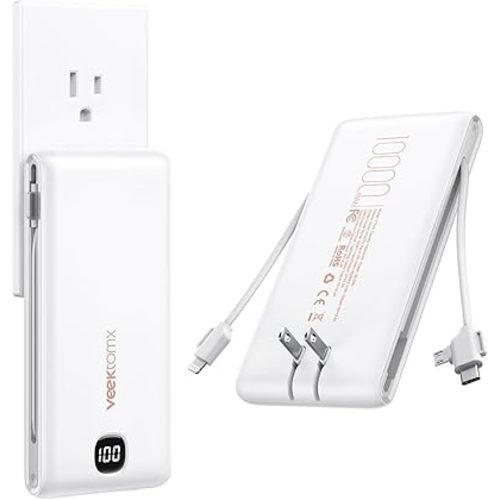 VEEKTOMX Portable Charger with Built in Cables 10000mAh, Power Bank for iPhone with Wall Plug, Travel Essential Fast Charging USB C Slim External Battery Pack for iPhone 17/16/15, Samsung, iPad, etc