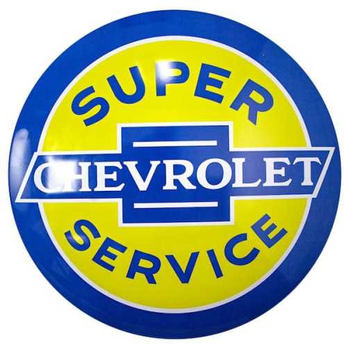 Dome Shaped Metal Wall Art Sign-Man Cave, Garage, Game Room, Bedroom (Chevy Super Service)Blue/Yellow, 15&quot; H x 15&quot; L