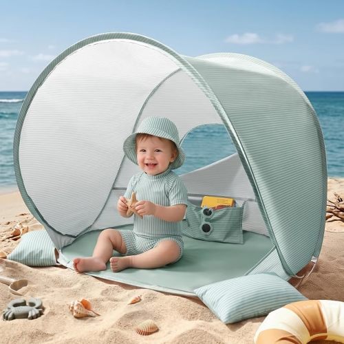 Tiny Land Baby Beach Tent, Pop Up Baby Tent with UPF 50+ Sun Protection | Portable Baby Beach Essentials, 35.4"x27.6"x31.5" Sun Shelter for Infants, Baby Outdoor Use, Pastel Aqua