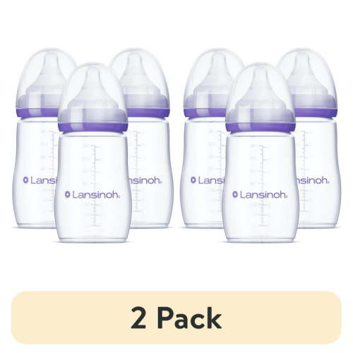 (2 pack) Lansinoh Anti-Colic Baby Bottles for Breastfeeding Babies, 8 fl oz, 3 Medium Flow Nipples