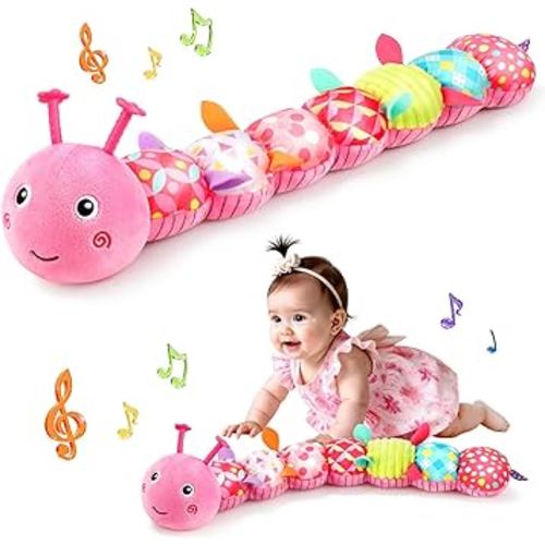 Baby Toys Musical Caterpillar, Infant Stuffed Animal for 0-6 6-12 Months with Crinkle and Rattles, Tummy Time Sensory Toys Newborn Boys Girls Gifts 0 3 6 9 12 Months - Pink