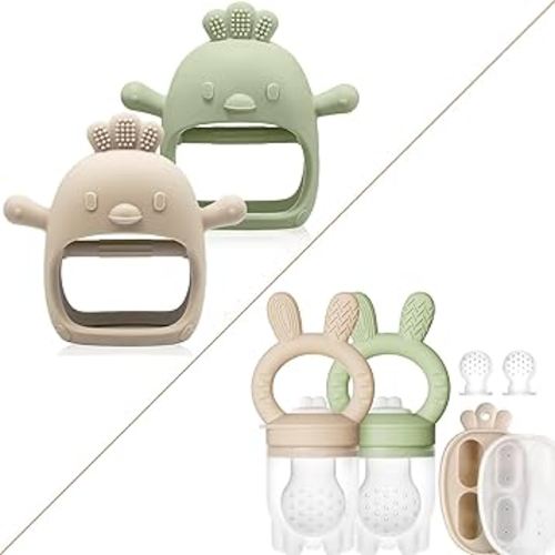 Baby Teething Relief Package, Teething Mitten & Freezer Teether Feeder for 0-6 6-12 Months Babies, 100% Food Grade Silicone, BPA Free