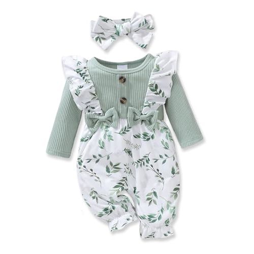 PaPaai Sara Newborn Baby Girl Clothes Infant One-Piece Romper+Jumpsuit+Bodysuit+Headband Fall Winter Outfits New Born Set