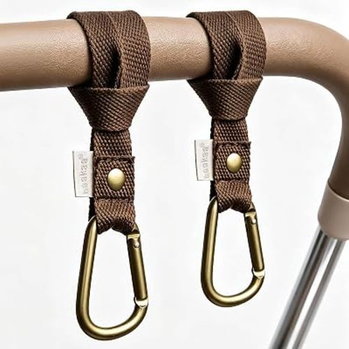 haakaa Baby Stroller Hooks for Bags丨Universal Stroller Straps and Hooks, Non-Slip with One-Hand Opening, Multipurpose Hooks for Diaper Bags, Backpacks, Bikes & Shopping Carts - Brown, 2 Pack