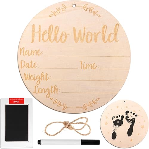 Hello World Newborn Sign, Wooden Birth Announcement Board 5.9 Inch, Double Sided Baby Announcement Sign Name Stats Plaque with Ink Pad Pen and Rope for Hospital Photos Nursery Decor Shower Gift