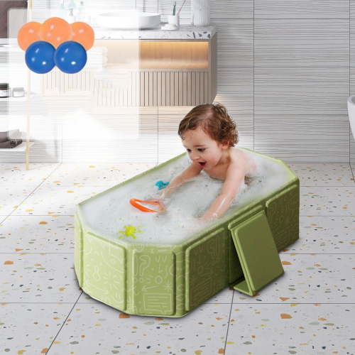 Foldable Baby Bathtub for Kids, Portable Shower Basin with Bath Toys Includes 5 Balls 2 Ducks, Easy Drain and Storage, for Toddlers 0-8 Years