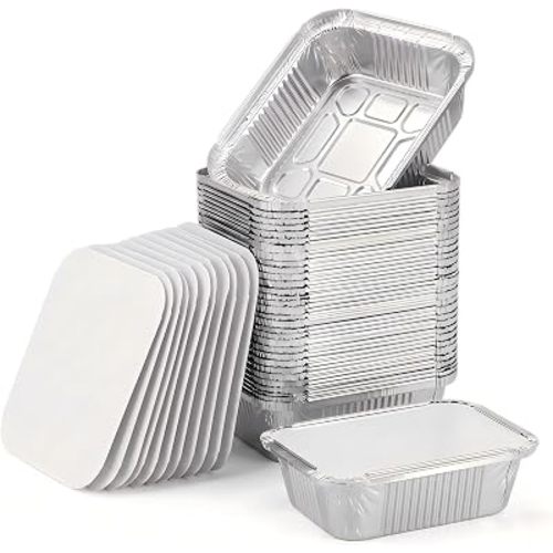 50 Pack 1lb Aluminum Foil Pans with Cardboard Lids, 5.5"x4.5"