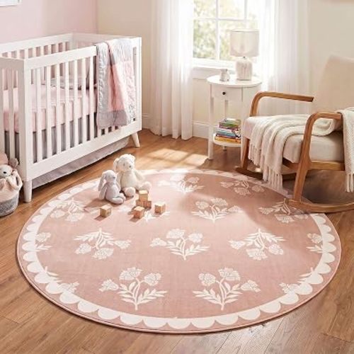 Pink Round Rug 4ft - Soft Washable Boho Floral Round Bedroom Rug