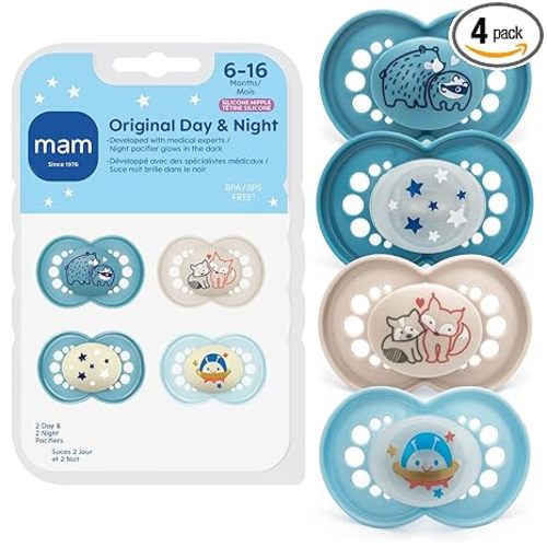 MAM Original Baby Pacifiers , Binky for Newborn Babies, BPA-Free Skin Soft Silicone Nipple, Glows in The Dark, Developed with Medical Experts, 4 Count, Made in Europe